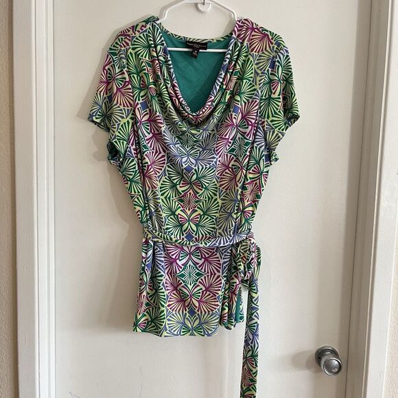 Dana Buchman Multicolor Women's Top Blouse Pullover Lined 2X Belted - Picture 1 of 8